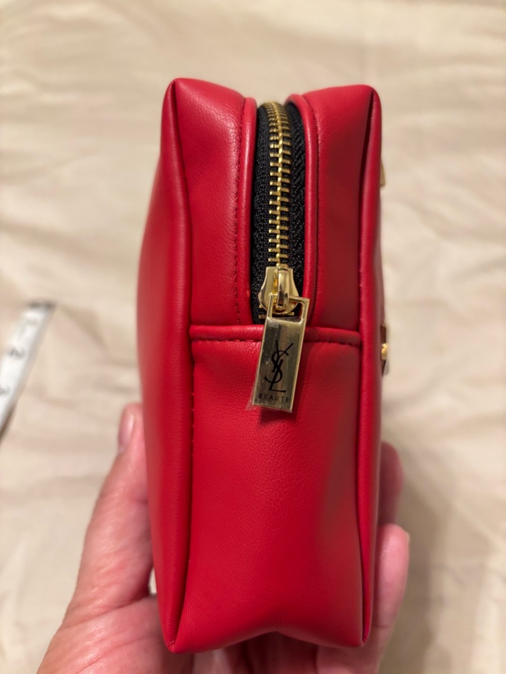 YSL Beauté Red Cosmetic Bag Gold Logo Makeup Pouch Travel Case - Picture 6 of 8